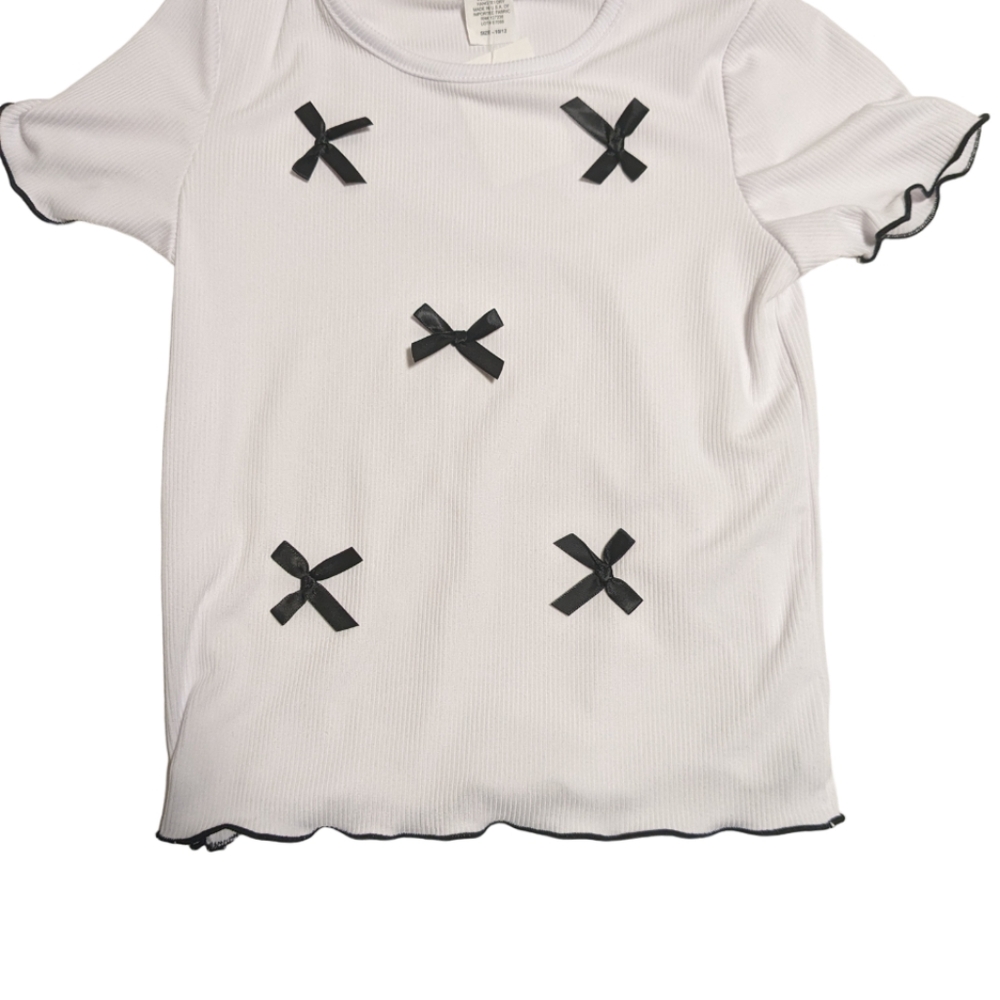 Coquette black bow top T-shirt with delicate feminine trim and crew neck - Picture 1 of 3